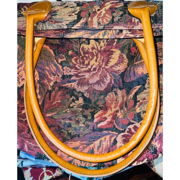 Floral Tapestry Tote Bag With Leather Handles Talbots Large Interior Pocket Zip - Picture 8 of 10